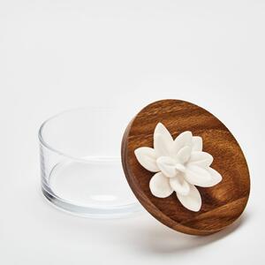 Lotus Box | Skleněná dóza s dřevěným víkem a bílou porcelánovou květinou Velikost: M
