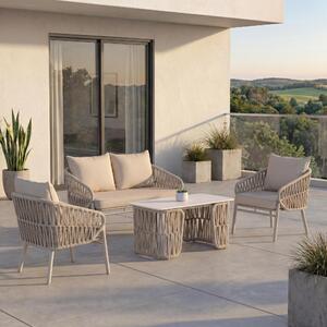 Zahradní souprava HWC-P90, lounge set zahradní lounge pohovka křeslo stl, provazové pletivo Rope látka/textil (180 g/m²) krémová