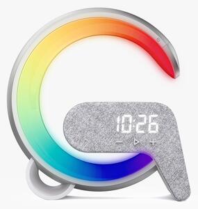 LED relaxační lampička Immax FLAMINGO s QI nabíjením, budík, RGB, USB výstup,BT, stříbrná