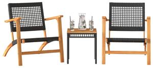 3dílný bistro set černý polyratan a masivní akáciové dřevo