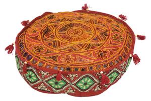 Meditační červený polštář, ručně vyšívaný Gujarat Design, kulatý, 40x12cm