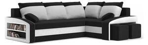 Rozkládací rohová sedací souprava s taburety a poličkou GRANDE Černá/bílá Pravá