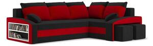 Rozkládací rohová sedací souprava s taburety a poličkou GRANDE Černá/červená Pravá