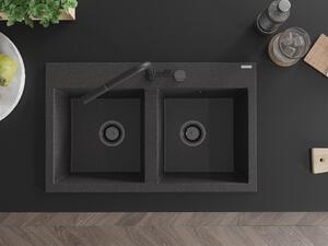 MEXEN/S - Hektor granitový dřez 2-bowl 800 x 480 mm, černá kropenatá, černý sifon 6521802000-76-B
