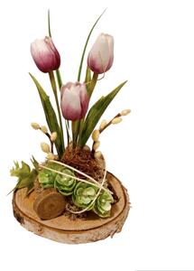 Aranžmá - tulipány na dřevěné podložce,v.30cm