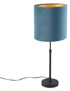 Stolní lampa černá s velurovým odstínem modrá se zlatem 25 cm - Parte