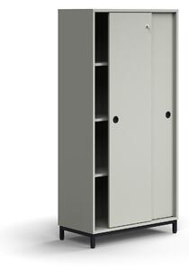 AJ Produkty Skříň s posuvnými dveřmi QBUS, 3 police, nohy, úchytky, 1636x800x400 mm, černá, světle šedá