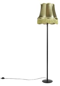 Retro stojací lampa černá s babičkovým stínítkem zelená 45 cm - Simplo