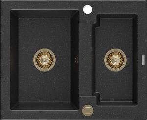 MEXEN/S - Carlos granitový dřez 1.5 582x475 mm, czarny/srebrny metalik, + zlatý sifon 6518581500-73-G