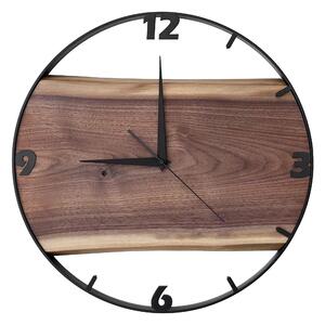 Dřevěné hodiny -45cm, přírodní dřevo - ořech, černý kovový rám (45B50)