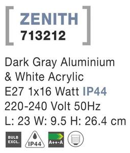 NV 713212 Venkovní nástěnné svítidlo ZENITH tmavě šedý hliník bílý akrylový difuzor E27 1x12W 220-240V bez žárovky IP44 - NOVA LUCE