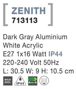 NV 713113 Venkovní nástěnné svítidlo ZENITH tmavě šedý hliník bílý akrylový difuzor E27 1x12W 220-240V bez žárovky IP44 - NOVA LUCE