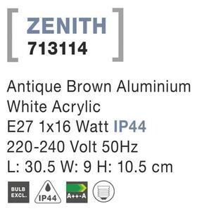 NV 713114 Venkovní nástěnné svítidlo ZENITH antický hnědý hliník bílý akrylový difuzor E27 1x12W 220-240V bez žárovky IP44 - NOVA LUCE