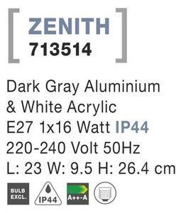 NV 713514 Venkovní nástěnné svítidlo ZENITH tmavě šedý hliník bílý akrylový difuzor E27 1x12W 220-240V bez žárovky IP44 - NOVA LUCE