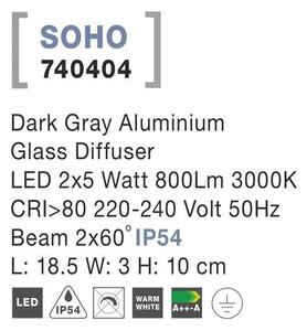 NV 740404 Venkovní nástěnné svítidlo SOHO tmavě šedý hliník skleněný difuzor LED 2x5W 3000K 220-240V 2x60st. IP54 světlo nahoru a dolů - NOVA LUCE