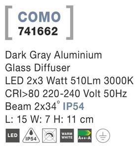 NV 741662 Venkovní nástěnné svítidlo COMO tmavě šedý hliník skleněný difuzor LED 2x3W 3000K 220-240V 2x34st. IP54 světlo nahoru a dolů - NOVA LUCE
