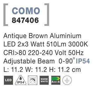 NV 847406 Venkovní nástěnné svítidlo COMO antický hnědý hliník LED 2x3W 3000K 220-240V nastavitelný úhel 0-90st. IP54 - NOVA LUCE
