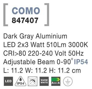 NV 847407 Venkovní nástěnné svítidlo COMO tmavě šedý hliník LED 2x3W 3000K 3000K 220-240V nastavitelný úhel 0-90st. IP54 - NOVA LUCE