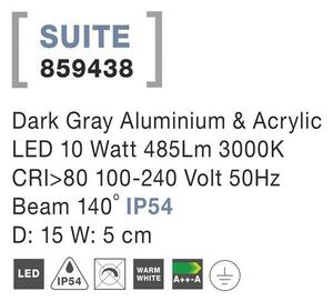 NV 859438 Venkovní nástěnné svítidlo SUITE tmavě šedý hliník a akryl LED 10W 3000K 100-240V 140st. IP54 - NOVA LUCE