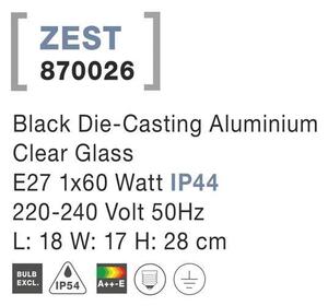 NV 870026 Venkovní nástěnné svítidlo ZEST černý litý hliník čiré sklo E27 1x12W 220-240V IP54 bez žárovky - NOVA LUCE