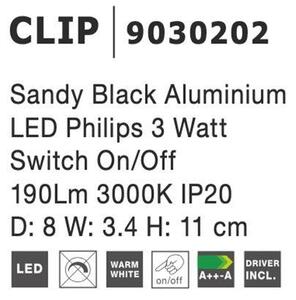 NV 9030202 Bodové svítidlo CLIP černý hliník LED Philips 3W vypínač na těle 3000K IP20 - NOVA LUCE