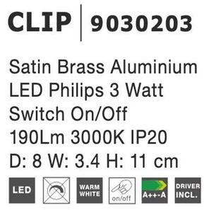 NV 9030203 Bodové svítidlo CLIP saténový mosazný hliník LED Philips 3W vypínač na těle 3000K IP20 - NOVA LUCE