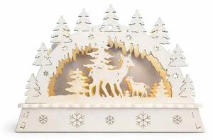 LED vánoční svícen do okna, laň a koloušek v lese, dřevěný, 15 × 11 × 5 cm, teple bílá, na 2× AA