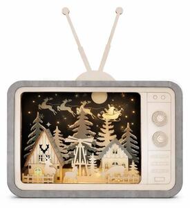 LED dřevěná dekorace vesnička v televizi, 26 × 33,5 × 8 cm, teple bílá, AA