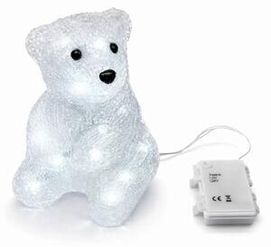 DECOLED 3D LED svítící medvěd sedící na baterie, 16 diod, s časovačem, 18 × 13 cm, ledově bílá, hliník, IP44 venkovní