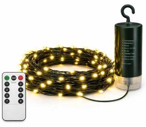 DECOLED LED světýlka na baterie, venkovní, 10,2 m, teple bílá, 100 diod, tmavě zelný kabel, IP44, 4×AA