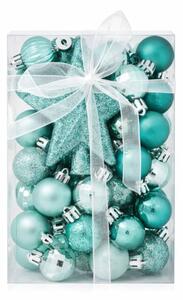 DECOLED Sada vánočních ozdob nefritově zelená 3 cm plastové koule a glitter špice hvězda, balení 28 baněk a špice