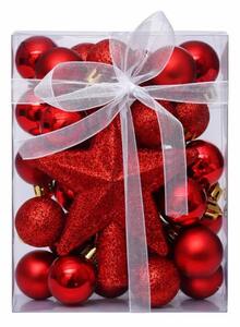 DECOLED Sada vánočních ozdob červená 3 cm plastové koule a glitter špice hvězda 10,5 cm, balení 29 baněk a špice
