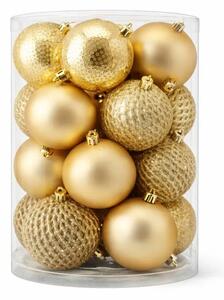 DECOLED Sada vánočních ozdob zlatá 8 cm plastové baňky, 4× vrásková, 4× matná, 4× glitter, balení 16 ks