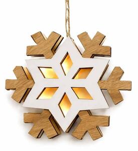 DECOLED LED svítící dřevěná vločka 20 cm, teplá bílá, na baterie AAA, do interiéru