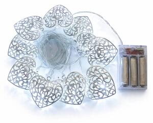 DECOLED LED světýlka na baterie, 2,5 m, kovová srdce, vintage, ledově bílá, 10 diod, čirý kabel, IP20, 2× AA