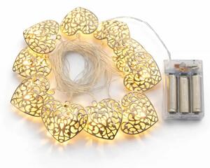 DECOLED LED světýlka na baterie, 2,5 m, kovová srdce, vintage, teple bílá, 10 diod, čirý kabel, IP20, 2× AA