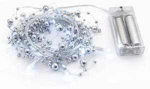 DECOLED LED světýlka na baterie, perly stříbrné, 1,3 m, ledově bílá, 10 diod, čirý kabel, IP20 interiér, 2 × AA