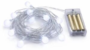 DECOLED LED světýlka na baterie, kouličky, 2,1 m, ledově bílá, 10 diod, IP20 interiér, 3 × AA