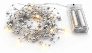 DECOLED LED světýlka na baterie, perly stříbrné, 1,3 m, teple bílá, 10 diod, čirý kabel, IP20 interiér, 2 × AA