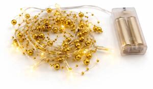 DECOLED LED světýlka na baterie, perly zlaté, 1,3 m, teple bílá, 10 diod, čirý kabel, IP20 interiér, 2 × AA