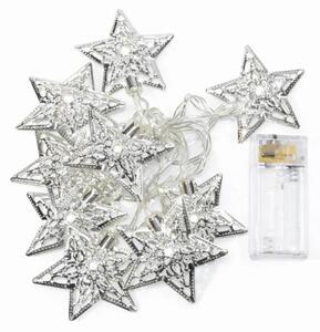 DECOLED LED světýlka na baterie, 1,3 m, kovové hvězdy, ledově bílá, 10 diod, čirý kabel, IP20 interiér, 2× AA