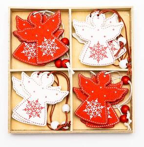 DECOLED Sada dřevěných vánoční ozdob anděl 5 × 6 cm, červený a bílý, balení 12 ks