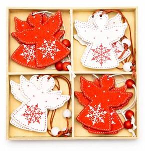 DECOLED Sada dřevěných vánoční ozdob anděl 5 × 6 cm, červený a bílý, balení 12 ks