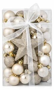 DECOLED Sada vánočních ozdob šampaň a bílá 3 cm plastové baňky a glitter špice, balení 28 baněk a 1 špice