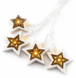 DECOLED LED světýlka na baterie, dřevěné hvězdičky, 1,8 m, teple bílá, 10 diod, čirý kabel, IP20 interiér, 2 × AA