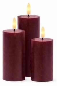 SIRIUS LED svíčky z pravého vosku dobíjecí Bordeaux, sada 3 ks, výška 10/12,5/15cm, ø 5 cm, vínová, bez stanice