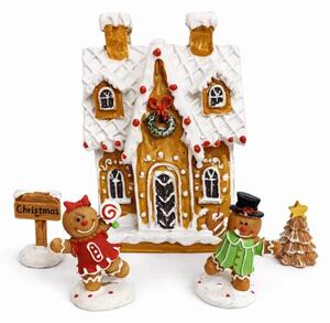 DECOLED Dekorace perníková chaloupka a perníčky 20,3 × 17,4 × 7,5 cm, IP20, polyresin umělá pryskyřice
