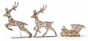 DECOLED 3D LED svítící jeleni a sáně, 180 × 86 × 18 cm, teple bílá, 380 LED, drát, hnědá, IP44