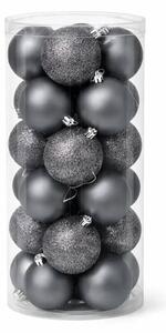 DECOLED Sada vánočních ozdob tmavě stříbrná 6 cm plastové baňky, 12× glitter, 12× mat, balení 24 ks