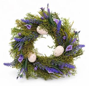 DECOLED Velikonoční věnec na dveře 25 × 25 × 8 cm, zelený věnce, fialové květy